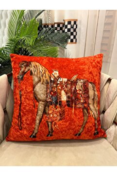 Brillant %100 Kadife At Desenli Kırlent Yastık Kılıfı (TURUNCU) 45x45