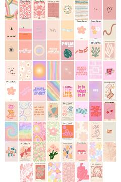 postifull Danish Pastel Poster Seti - Arkası Yapışkanlı Pembe Poster Seti - 70 Adet Poster Kolaj Seti - 1m*1m