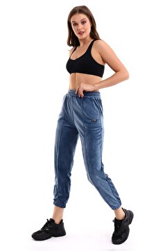 winmoda Indigo Yumoş Eşofman Altı Jogger Yüksek Bel Fransız Kadife