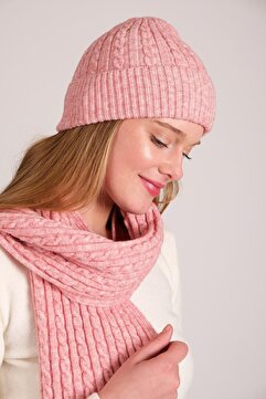 CHUBA Kadın Saç Örgü Yumuşak Tuşe Atkı Bere Takımı Pembe 23w503