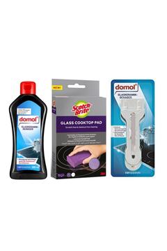 Domol Cam Seramik Temizleyici 300 Ml + Yüzey Temizleme Malası + Scotch Brite Cam Ocak Temizleme Süngeri