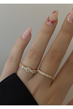 KİLİGİSTANBUL Lie Gold Renk Zirkon Taşlı 2'li Yüzük
