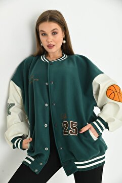 VOLT CLOTHİNG Unisex Nakışlı Kolu Deri Kolej Ceket