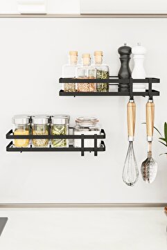 Bino Mutfak Rafı 2'li Set Yapışkanlı Lüks Modern Siyah Metal Baharatlık Rafı Organizer Düzenleyici