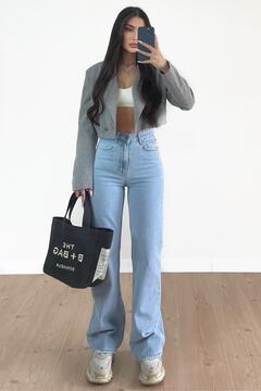 MAKRAS EXCLUSIVE Penelope Buz Mavisi 90's Likralı Süper Yüksek Bel Salaş Jeans Palazzo Pantolon Wide Leg