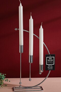 mba decor metal bending art Nota Model Gümüş Metal 3 Lü Şamdan Üçlü Mumluk Dekoratif Mumluk 25cm Paslanmaz Kaplama Ev Dekorasyon