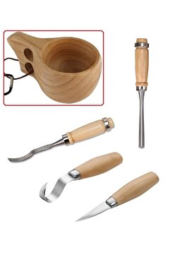 Depolife Ahşap Oyma Iskarpela Alet Seti Kaşık Heykel Kuksa Oval Düz Oyma Yontma Kıvrık Bıçağı 4lü