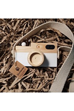 aswood Ahşap Oyuncak Fotoğraf Makinesi, Kız Erkek 0 - 3 Yaş Hediyelik Askılı Dekoratif Oyuncak -beyaz