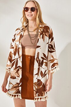 Olalook Kadın Taş Kahve Püsküllü Salaş Örme Kimono KMN-00000056