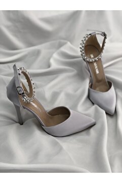 Hg Ayakkabı Nayan Gümüş Saten Topuklu Taşlı Stiletto