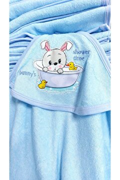 LittlePoffy Organik Pamuk Mavi Bebek Banyo Havlusu 85 X 70 Cm Kapşonlu Erkek Çocuk Havlu