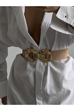Fiori Gold Tokalı Geçmeli Hasır Elastik Kadın Kemeri, Ceket Kemeri, Gömlek Kemeri, Elbise Kemeri