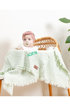 Tosbiş [ Istediğiniz Ismi Yazıyoruz ] Su Yeşili 4 Katlı Müslin Bebek Ve Çocuk Battaniyesi 110x110cm