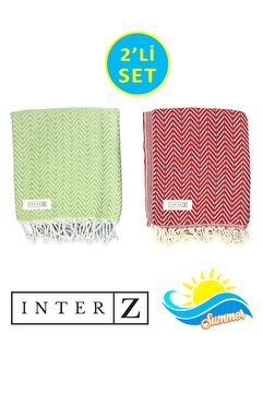 INTER Z 2'li Set Peştemal Plaj Havlusu , %100 Pamuk , Xxl 100x180cm, Marmaris, Fıstık Yeşili Kırmızı