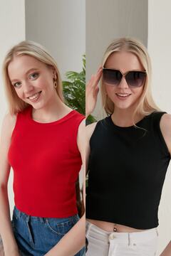 CATSPY Kadın Siyah Kırmızı Halter Yaka Fitilli 2'li Paket Crop Bluz
