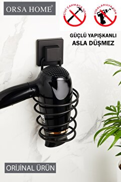 ORSA HOME 915 Kare Güçlü Macun Yapışkanlı Saç Kurutma Makine Askısı, Mat Siyah Fönlük