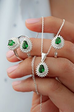 Silvano Jewelry 925 Ayar Gümüş Yeşil Taşlı Nostaljik Takı Seti