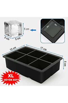 EARABUL Arispa Siyah Silikon 6'lı Kare Buz Kalıbı - 6 Bölmeli Buzluk 5cm Dev Buz Küpleri - Sunum Buz Küpü