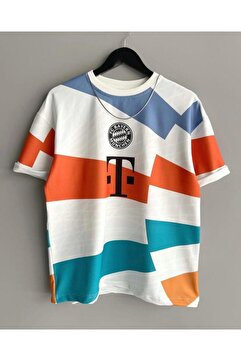 Be Original Erkek Beyaz Turuncu Renk Desenli Bayern Munchen Oversize Bisiklet Yaka Tshirt