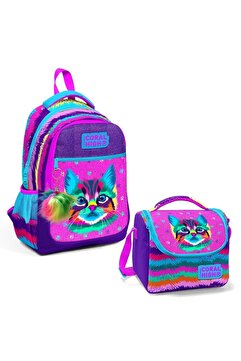 Coral High Kedi Desenli Üç Bölmeli Okul Çantası ve Beslenme Çantası 2'li Set