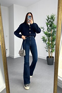 MAKRAS EXCLUSIVE JNX Lara Kadın Lacivert Geniş Paça Likralı Denim Jean Pantolon