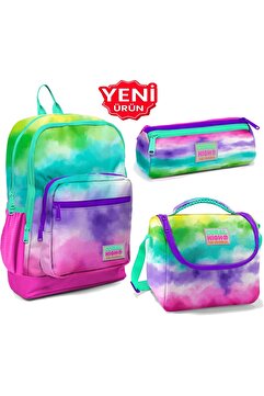 Coral High Renkli Batik Desenli Dört Bölmeli Okul Sırt Çantası Beslenme Kalemlik 3 lü Set 23739