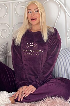 طقم بيجامة نسائي مخملي حصري منقوش بنمط Plum Sunshine