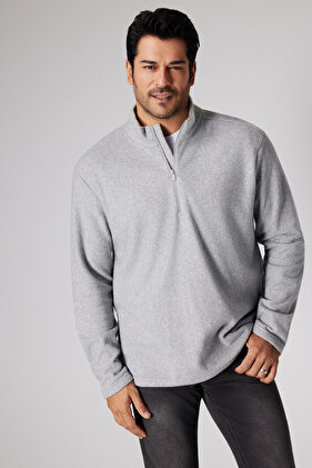 Erkek Gri Anti-pilling Tüylenme Yapmayan Standart Fit Dik Bato Yaka Soğuk Geçirmez Polar Sweatshirt