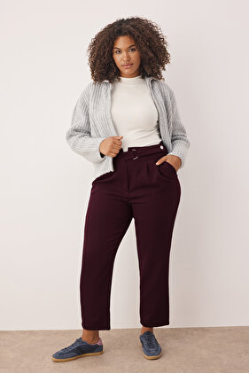 Mürdüm Beli Regulowany pasek Tkane spodnie w dużych rozmiarach TBBAW23AR00014