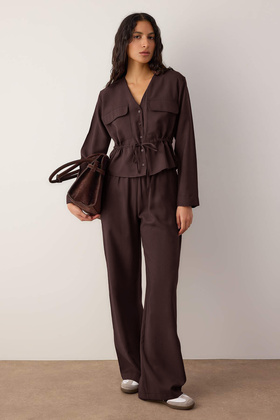 Dark Brown Soft Textured Blouse Pants Woven Bottom - Top Set Twoaw26Au00111