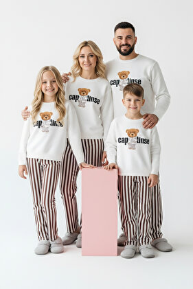 طقم بيجامة محبوكة عادية مطبوعة من القطن بنسبة 100% للأطفال باللون البيج TKDAW26PT00001