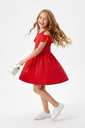 فستان محبوك للعطلات بأكمام قصيرة من القطن بكتف مكشوف للفتيات باللون الأحمر TKDSS24EL00003