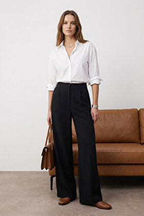 بنطال قماش أسود مطوي بأرجل واسعة - TWOSS21PL0189