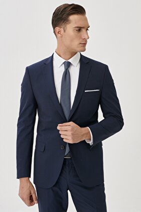 Men's Navy Blue Slim Fit Narrow Cut Mono Collar Suit