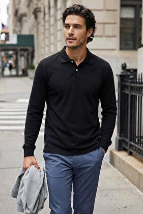 Siiah Basic Polo Iaka majica - % 100 Pamuk, Slim / Dar Kesim, Uzun Kol TMNAW25PO00000