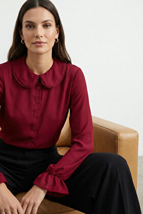 Baby Collar Claret Red Pompom Detailed Shirt - Regular Fit Woven TWOAW21GO0717