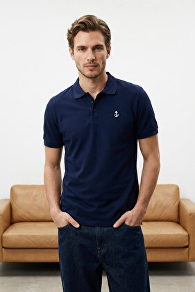 Navy Blue Regular/Normal Cut 100% Cotton Embroidered Polo Neck T-Shirt Tmnss23Po00031