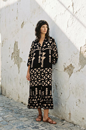 Black Midi Wide Cutout Border Pattern Detailed Boho Woven Dress Twoss24El01019