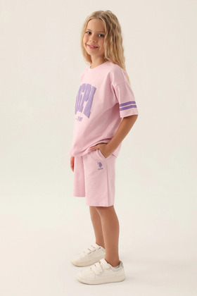 US Polo Assn Licensed Sleeve Detail Powder Pink Girl's Bermuda Suit