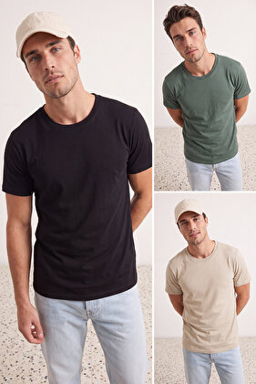 Black-Stone-Dark Green Slim Fit Crew Neck Basic 100% Cotton 3-Piece Package T-Shirt TMNSS19BO0007