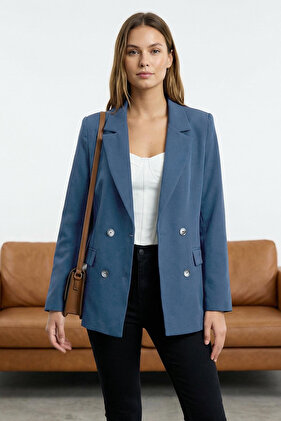 Indigo Regular Lined Double Breasted Closure Woven Blazer Jacket TWOAW21CE0264