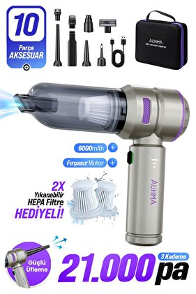 AHV-02 Kablosuz Araç İçi Süpürge Mor | 21000PA Güçlü Vakum | Fırçasız Motor | Üfleme & Vakum Ö