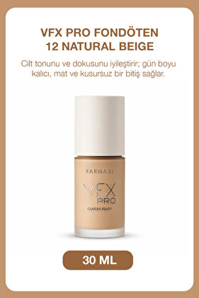 VFX Pro Tam Kapatıcı Fondöten 30 ml 12 Natural Beige | Kusursuz Mat Bitiş, Kalıcı Ten Makyajı