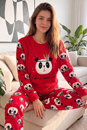 Kırmızı Life Panda Desenli Kadın Peluş Pijama Takımı