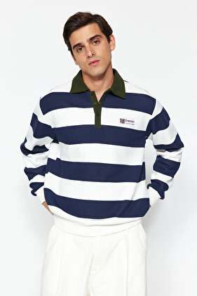 Navy Blue Polo Collar Striped SWeatshirt - Regular Fit, Fleece Inside TMNAW24sw00240