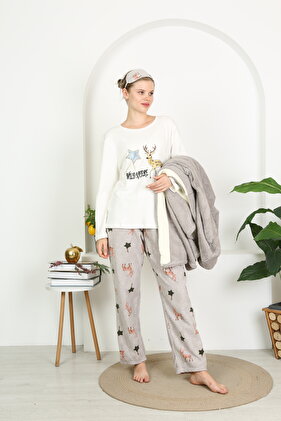 طقم شتوي مكون من 3 قطع مع ثوب روب (بلوزة بقلنسوة ناعمة جدًا من الصوف من الأسفل وبلوزة مطرزة من القطن)