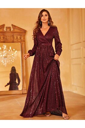 فستان سهرة طويل الأكمام مزين بالترتر ورقبة على شكل حرف V