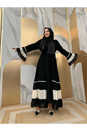 Sleeve and Skirt Two-Color Waist Belted Pleated Abaya 7454 Black-White