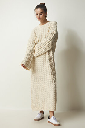 Women's Cream Knitted Detailed Thick Oversize Knitwear Dress YY00184
