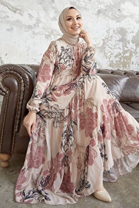 Jalya Collar Buttoned String Chiffon Hijab Dress - Powder